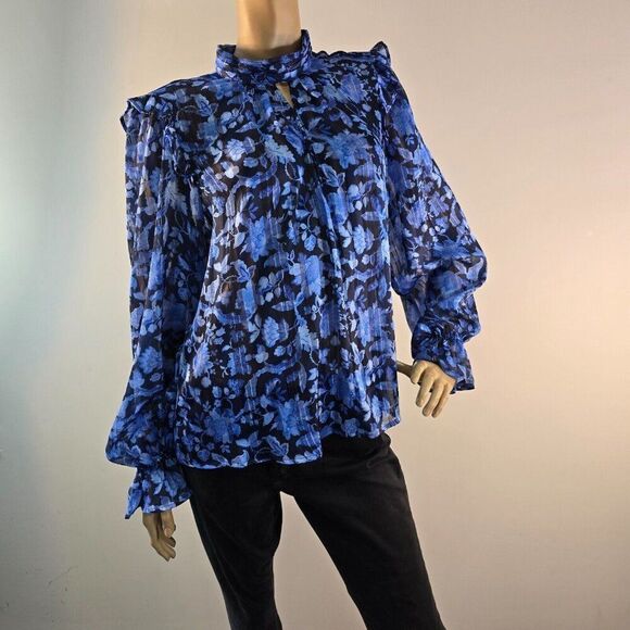 French Connection Cynthia Fauna Midnight Blue Blouse Womens Sz 8 Floral LS - Picture 8 of 12